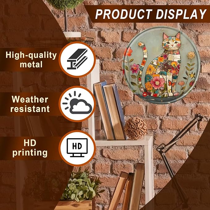 Cat Round Metal Tin Sign Wreath Farm Flowers Rustic Vintage Wall Art Decor for Garden Indoor Outdoor Home Porch Window Decor 12x12inch