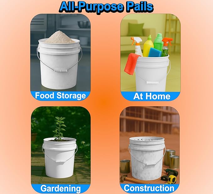 5-Gallon Bucket Only – No Lid Included, Made in USA, Food Grade BPA Free Plastic, Heavy Duty Multi-Use, Metal Handle with Grip, Stackable Storage – White, 1 Pack