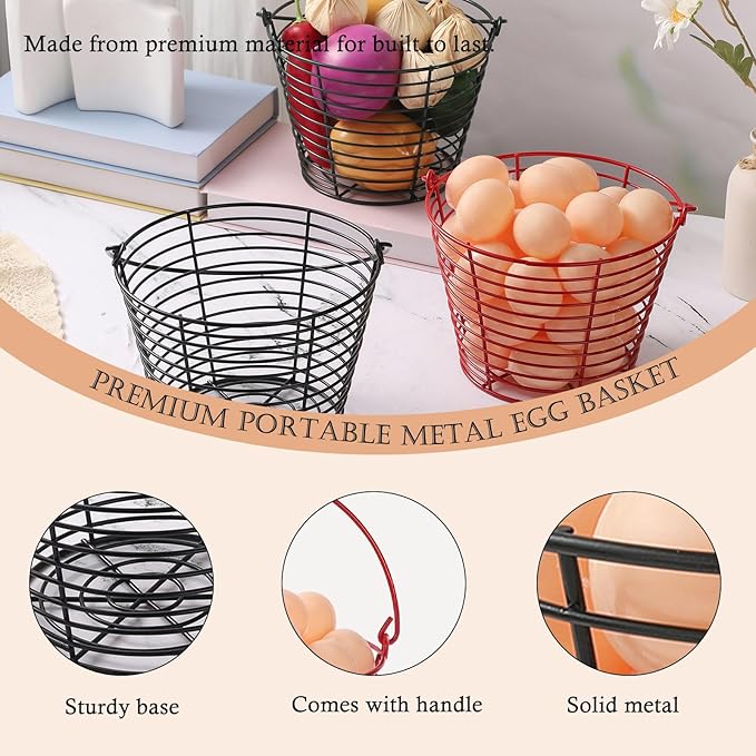 3 Pack 8 Inches Metal Mesh Wire Egg Collecting Basket with Handle Portable Garden Vegetable Fruit Storage Lightweight Hanging for Kitchen Farmhouse Gathering Picnic (Green)
