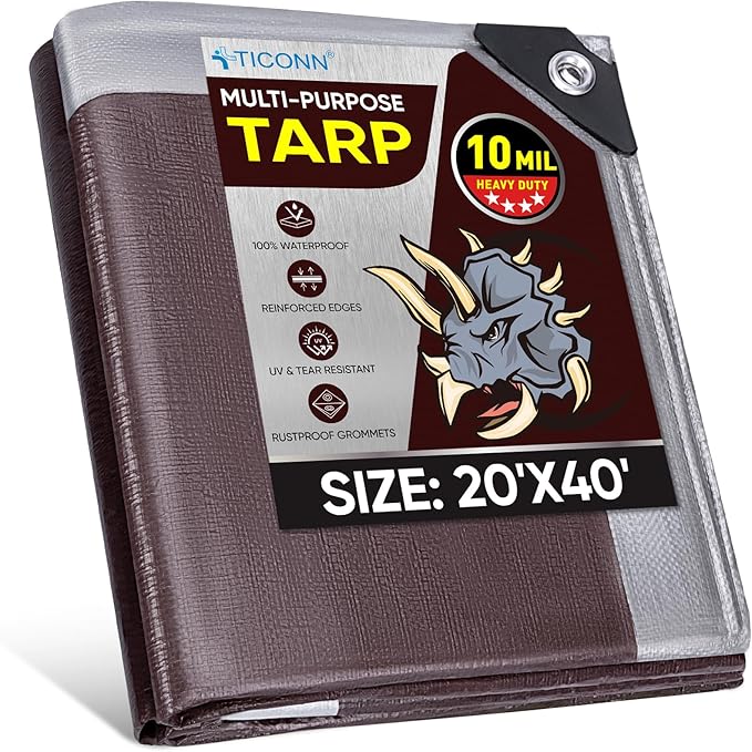 TICONN Heavy Duty Tarp Cover, Extra Thick Tarps Waterproof Tear and Rip Proof UV Resistant Tarpaulin with Reinforced Grommets and Edges (10 Mil, 20'×40')