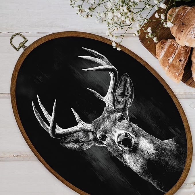 WULQYING Vintage Deer Wall Art Decor, Moody Dark Academia Stag Oval Framed Canvas Art Prints, Rustic Farmhouse Forest Animal Wall Hanging Decor for Home Bedroom Living Room, 8.6x11.4 Inches