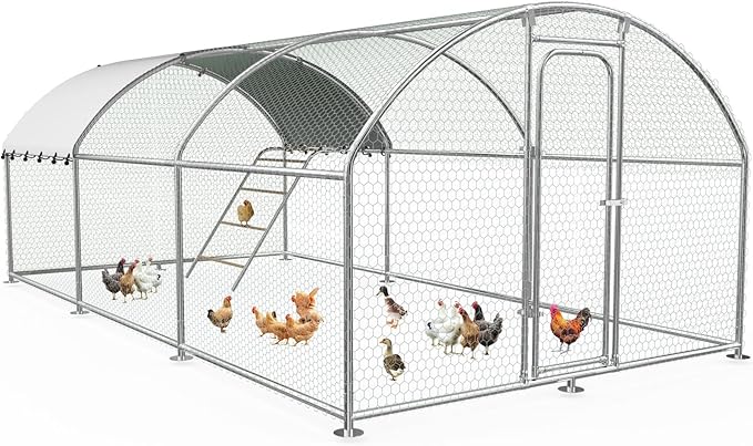 Large Metal Chicken Coop with Weatherproof Canopy for Farm and Backyard Animals Including Chickens, Ducks, and Rabbits (10’ W x 19.7’ L x 6.4’ H, Dome Roof-Roosting Perch)