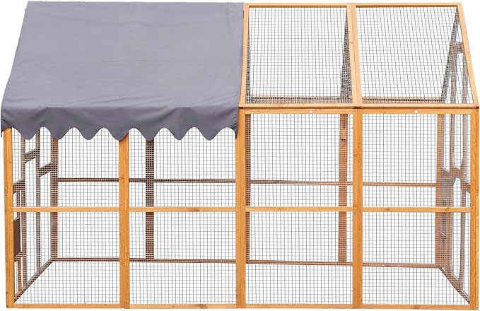 KEIKI Chicken Coop, 9.3 x 6.2 x 6 FT, Large Wooden Chicken Run with Waterproof Cover, Outdoor Walk-in Hen House, for Backyard Farm, Yellow