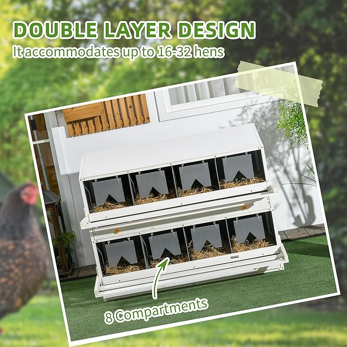 PawHut Chicken Nesting Box, Wooden Roll Out Lay Nesting Boxes for 16-32 Chickens, with 8 Compartments, 2 Egg Collection Trays, 4 Perches, for Chicken Coop, Chicken Run, Gray