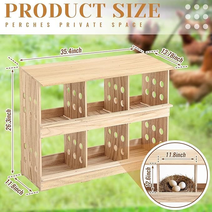 Nesting Boxes for Chickens 6 Compartments Chicken Nesting Boxes with Perches Wall Mount Wooden Ventilated Egg Laying Box Easy to Assemble for Hens, Ducks, Chicken Coop
