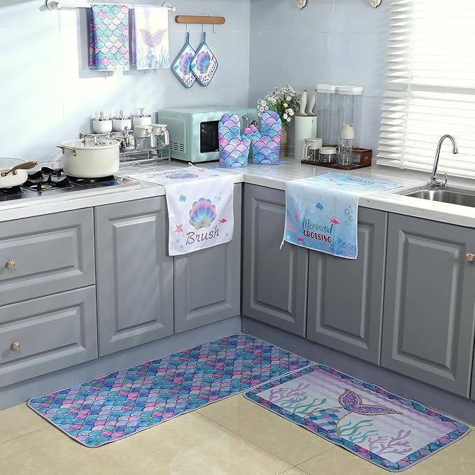 10 Pcs Mermaid Kitchen Dish Towels Rugs Oven Mitts and Pot Holders Set Farmhouse Kitchen Decor Set for Women Mom Daughter Gift Cooking Baking Grilling