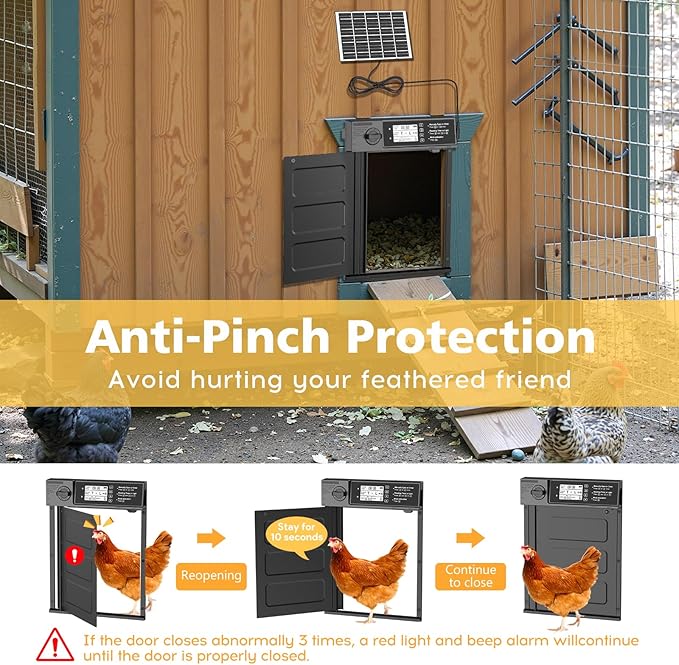 Large Size Automatic Chicken Coop Door Solar - Powered Auto Chicken Door Opener, Automatic Chicken Door with Timer/Light Sensor Modes, Intelligent Obstacle Sensors, Remote Control, 14.76"H x 11.02"L