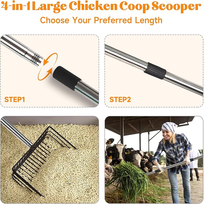 4-in-1 10" Large Chicken Poop Scooper with Gloves,Sifting Shovel Rake,Henhouse Cleaning Tool,Adjustable Long Handle (22.4-62") Litter Scoop,Stainless Steel Poop Shovel for Farm,Goat Stall Accessories
