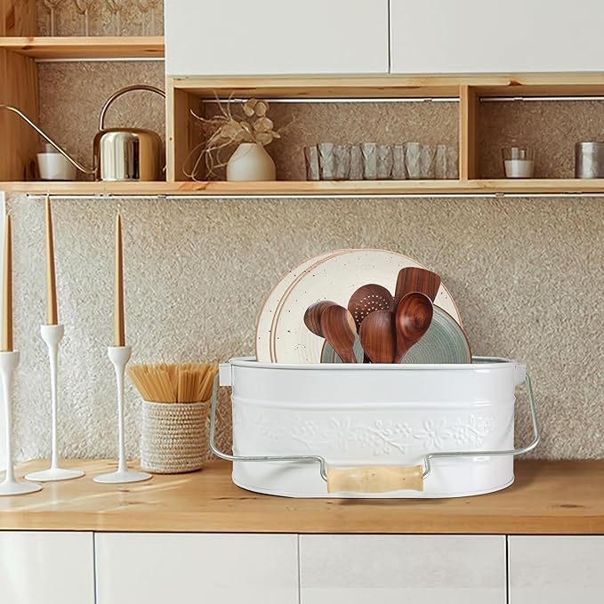 Lightnpro Galvanized Metal Utensil Caddy with Wooden Handle - Rustic Farmhouse Silverware Organizer for Parties & Kitchen Countertop - Chalk White Decor & Storage