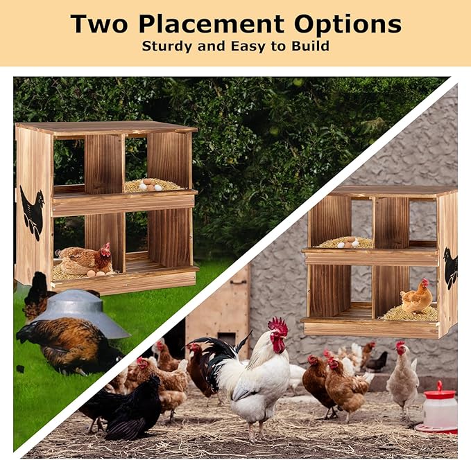 Nesting Boxes for Chickens - Wooden Chicken Nesting Box for Chicken Coop Accessories, Sturdy 4-Compartment Wall Mount Egg Laying Box for Hens, Chickens, and Ducks(Richly Charred)
