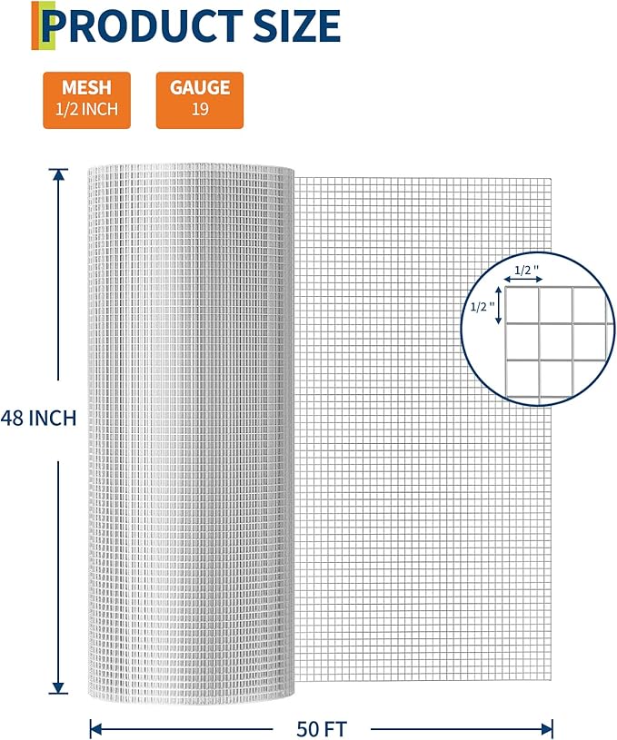 1/2 in 48 in x 100 ft Hardware Cloth, 19GA Chicken Wire Fencing, Galvanized Welded Wire Mesh Roll for Poultry Netting Cage, Chicken Coop, Silver