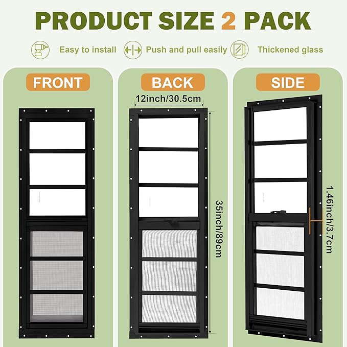 2 Pack Shed Windows, 12"x 35" Black Sliding Window Suitable for Chicken Coop, shed, Household, Barn - Transom Window with Tempered Glass and Fiberglass Screen (BK,12''x 35'')
