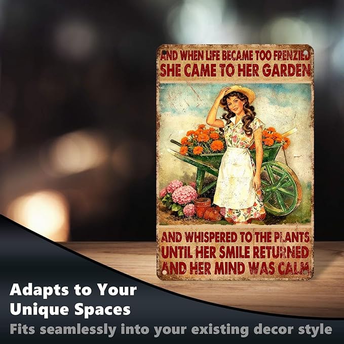 Vintage Gardening Tin Sign And When Life Became Too Frenzied She Came To Her Garden Retro Metal Sign Rustic Nostalgic Wall Decor For Home Garden Plaque Yard Patio Porch Cafe Bar 12 * 8 In