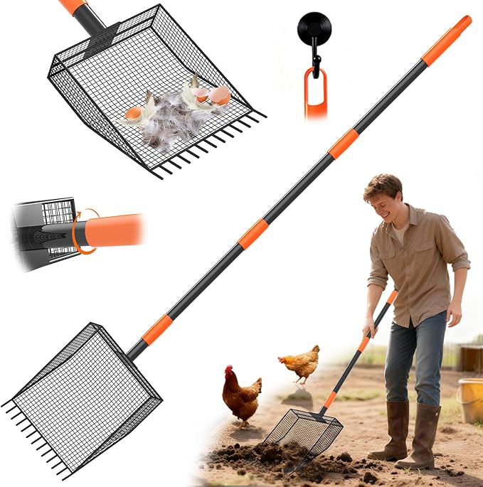 2-in-1 Chicken Poop Scooper & Rake, Heavy-Duty Chicken Coop Scoop with 33-61" Adjustable Handle and 14" Long Shovel Head, Metal Litter Scoop Sand Poop Shovel, Chicken Coop Cleaning Accessories