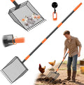 2-in-1 Chicken Poop Scooper & Rake, Heavy-Duty Chicken Coop Scoop with 33-61" Adjustable Handle and 14" Long Shovel Head, Metal Litter Scoop Sand Poop Shovel, Chicken Coop Cleaning Accessories