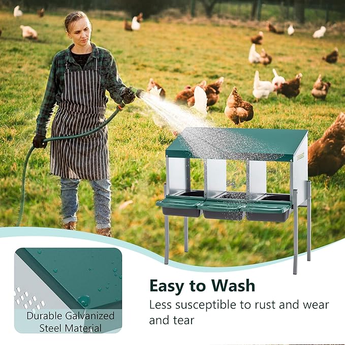 Chicken Nesting Box, 3 Compartment Roll Out Hens Nest Boxes with 4 Legs, Chicken Laying Box w/Lid Cover for Outdoor Chicken Coop Cages Farm Yard, Green (3 Holes w/Legs)