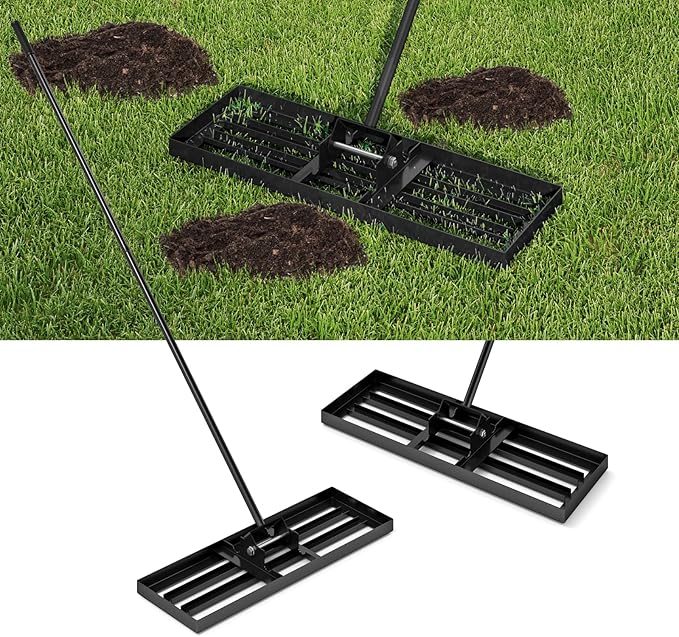 Happygrill Lawn Leveling Rake, Heavy Duty Lawn Level Tool for Soil w/67” Handle, Dirt Ground Leveler, Effort-Saving Landscape Rake for Garden, Backyard, Golf Course, Farm, Pasture (30" x 10", Black)