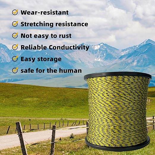 Upgraded Electric Fence Polywire 3366 Feet 1026 Meters, 6 Stainless Steel Strands for Reliable Conductivity and Rust Resistance, Easy to Install,Portable Electric Fencing,Yellow and Black Color