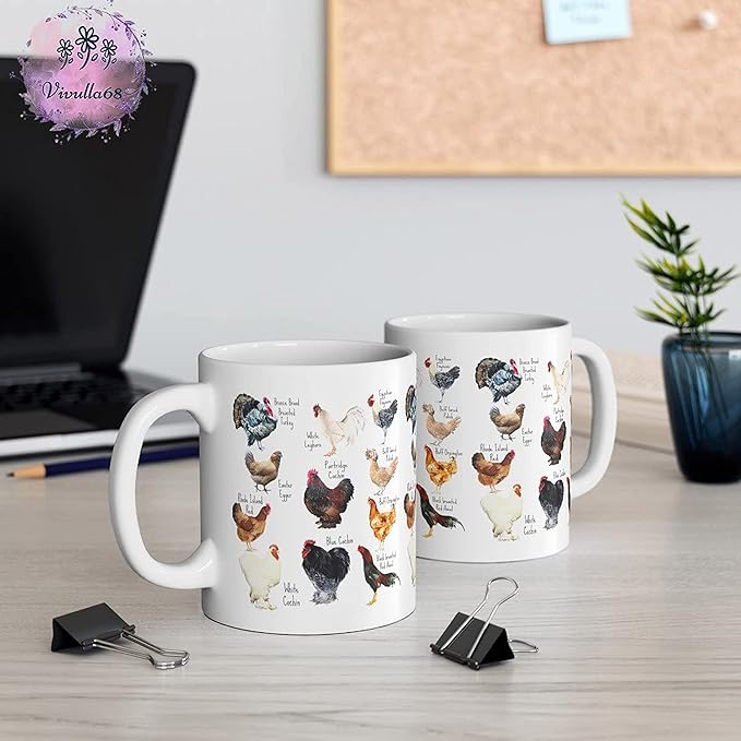 Breeds of Chickens Cup Gifts for Women - Chicken Mom & Owner Mugs, Coffee Mug with Roosters & Farm Themes, 11Oz White