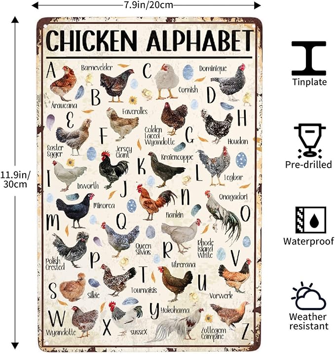 JOCASA Chicken Alphabet Vintage Metal Poster Farm Sign Decor-Retro Aluminum Metal Tin Sign for Home Wall Decor, Kitchen Farmhouse Country Farm Barn, Chicken Coop Outdoor Wall Signs Gift,12''x 8''