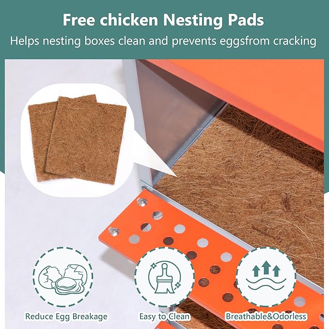 Chicken Nesting Boxes for Laying Eggs with Soft Chicken Nesting Pads &Vented Holes Wall Mountable Laying Boxes with Roll Away Egg Collection Easy to Clean and Install Orange (10 Compartment)