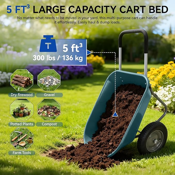 Dual Wheel Garden Wheelbarrow,Heavy Duty Yard Cart with 10“/15" Pneumatic Tires, Rustproof Poly Tray & Steel Handle, 300 lbs Capacity Utility Cart for Lawn, Farm, and Landscaping (Green-15“)