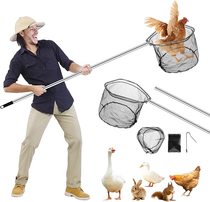 4PCS Chicken Catching Net, Adjustable Chicken Net Catcher, Chicken Catcher Leg Hook, Suitable for Chickens, Birds, Goose, Duckling, Fish, Cats (2 Nets, 1 Pole, 1Hook)