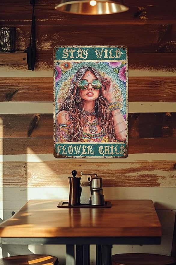 HARIKUIYIN Rustic Retro Metal Tin Sign Stay Wild Flower Child Girl Flowers Wall Art Metal Poster Home Wall Decoration Bar Office Kitchen Home Bedroom Courtyard Decoration Sign 16x12 Inch