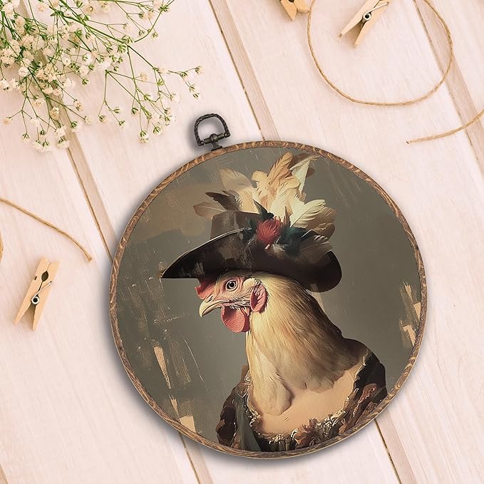 Hxlac Whimsical Chicken Round Wall Art Framed, Dark Moody Rooster Round Wall Decor, Rustic Farm Animal Chicken Hanging Canvas Prints Wall Sculptures for Kitchen Bedroom Living Room Decor, 10x10 Inch