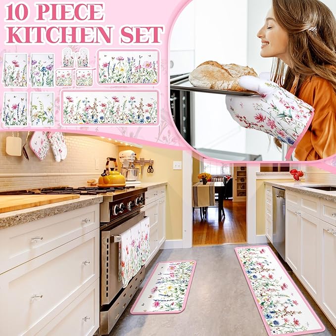 10 Pcs Wildflower Kitchen Dish Towels Rugs Oven Mitts and Pot Holders Set Farmhouse Kitchen Decor Set for Women Mom Daughter Gift Cooking Baking Grilling (Pastel Pink White)