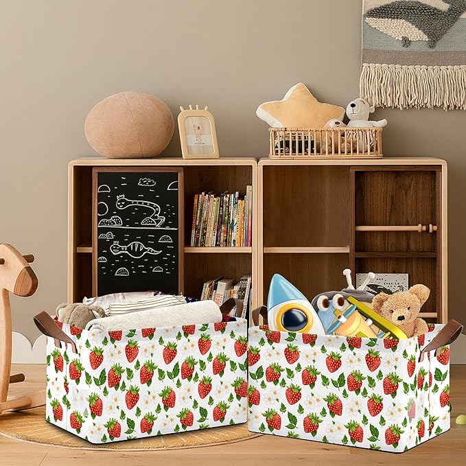 Strawberry Storage Basket with Handles,White Flowers Collapsible Rectangle Organizer Bin for Room Decoration Books Box Baskets 17x11.5x10Inch