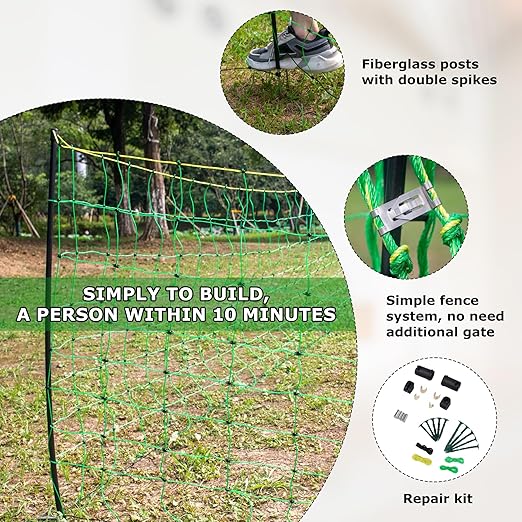 Electric Fence Netting, 47.2" H x 164' L, Portable Double Pointed Sheep Netting Fence for Hog, Dogs, Deer, Goats, Used in Backyards, Farms and Ranches