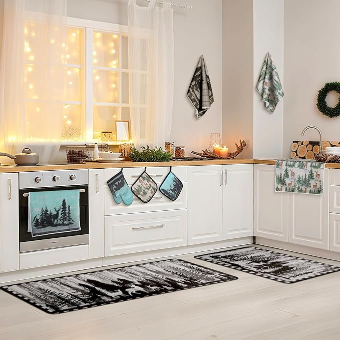 10 Pcs Farmhouse Kitchen Decor Set Dish Towels Kitchen Rugs Oven Mitts and Pot Holders for Cooking Baking Grilling Women Mom Daughter Gift (Brown,Green,Forest)