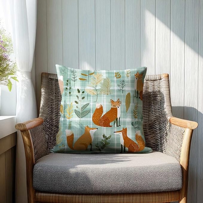 Fox Plaid Farmhouse Throw Pillow Covers 18x18 Inch, Set of 2 | Woodland Cottagecore Square Cushion Cases for Couch Bedroom Nursery | Farmhouse Forest Animal Home Decorative Pillowcases
