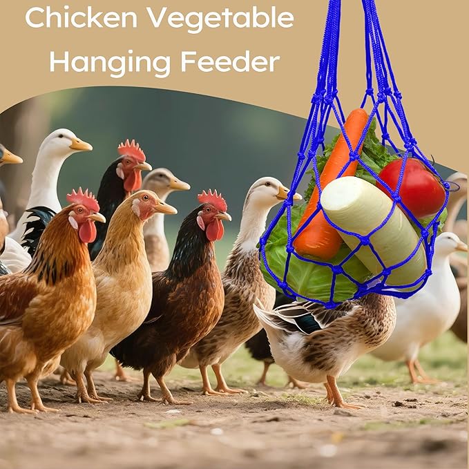 Chicken Vegetable Hanging Feeder 2PCS, Reusable String Bag Net Hanging Feeder for Chickens Ducks Coops Toy, Enrichment Toys, Treat Holder, No Waste Poultry Accessory(Blue)