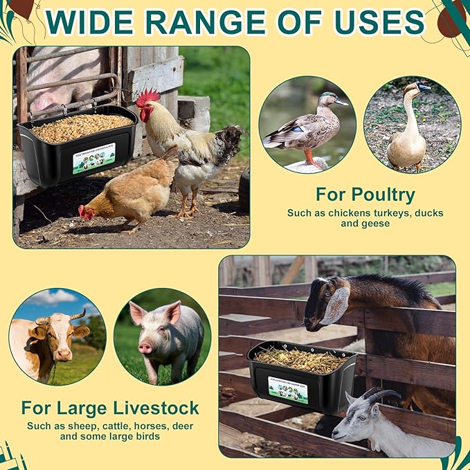 6 Pack Chicken Duck Feeder Waterer Hanging Goat Feeder Trough 2.5 and 5 Quart Livestock Feeding Trough with Scoop & Brush for Pig, Poultry, Fence Feeding, 25 Quart Total (Black)