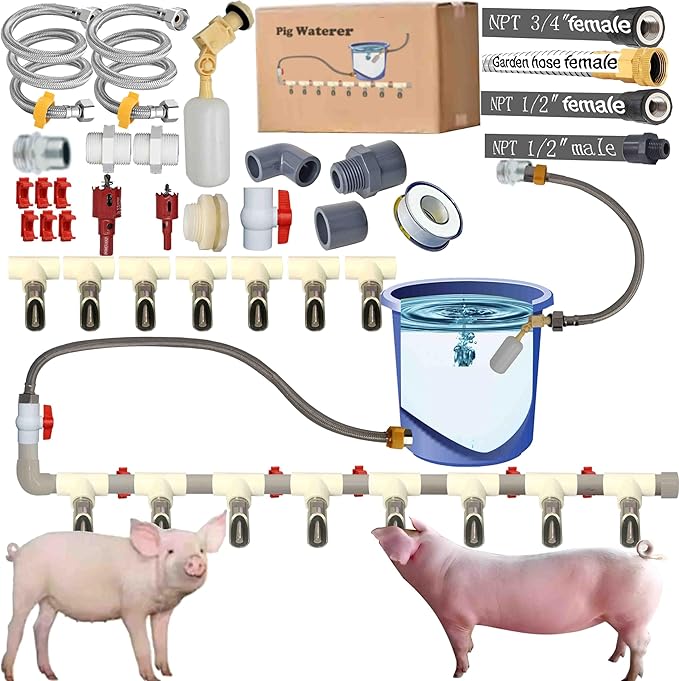 Complete Set Pipeline Stainless Steel Pig Waterer System,Pig Waterer Nipples with Water Tank Connector,Automatic Pig Nipple Water Drinker,Pig Nozzle Nipple Drinker,Pig Water Nipple for Hog Piglet Goat