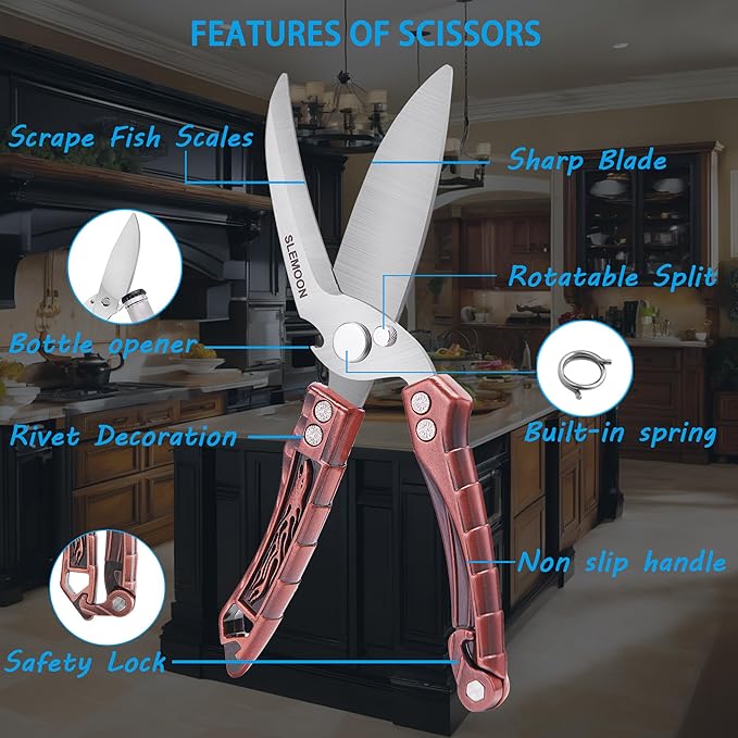 Kitchen Shears Heavy Duty Poultry Shears for Bone,Chicken,Turkey,Meat,Fish and Pizza Cutting Board Kitchen Scissors All Purpose for Food Ideal for Chef and Home Cooking,Dishwasher Safe Bronze