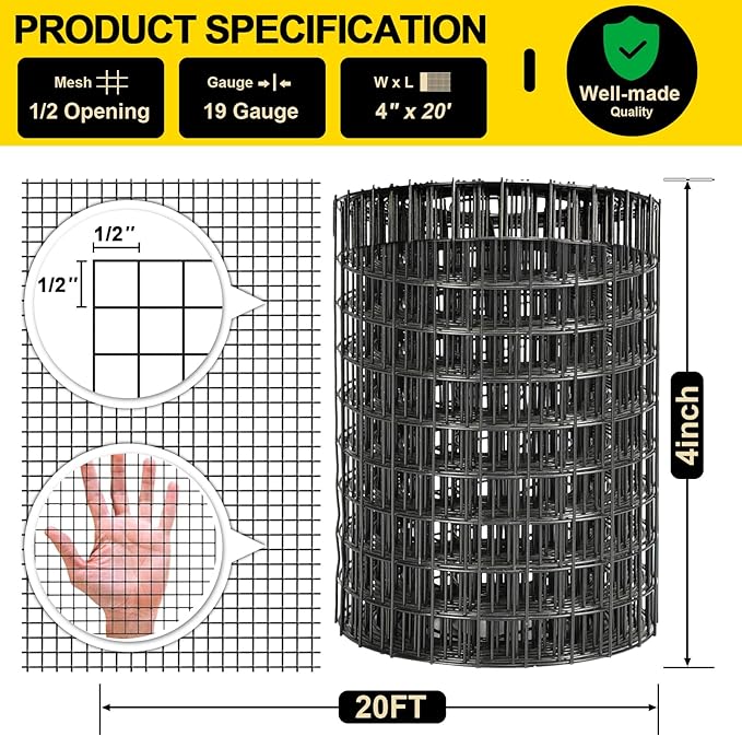 Black Hardware Cloth 4'' x 20' PVC Steel Vinyl Coated 1/2inch Galvanized Wire Mesh Roll（19GA) Chicken Wire Fence Roll, for coop Fences,Screen mesh, Rabbit/Snake Fences, Poultry enclosures, etc.