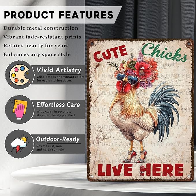 Vintage Chicken Coop Tin Sign Cute Chicks Live Here Retro Metal Poster Funny Pet Lovers Wall Art Accessories for Coop Shop Bar Farmhouse Garden Plaque Farm Room Bathroom Restroom 12 * 16inch