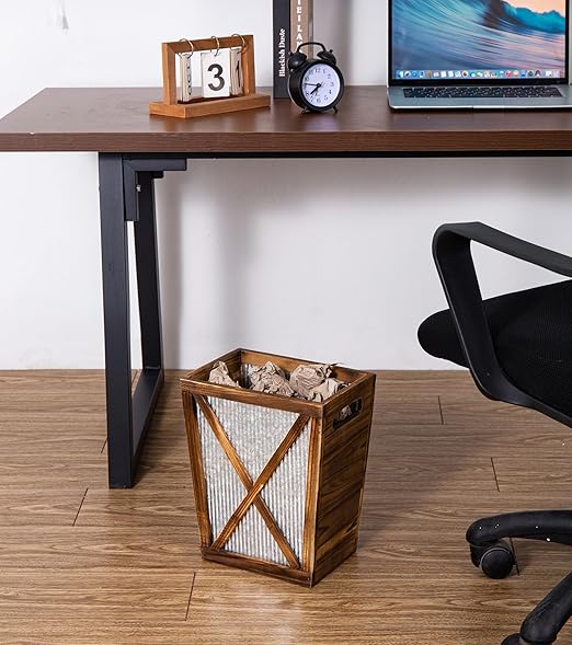 Small Wood Trash Can Wastebasket, Decorative Barn Door Garbage Can Waste Basket, Rustic Distressed Rectangular Trash Bin, Farmhouse Wooden Storage Basket Waste Paper Bin (Brown)