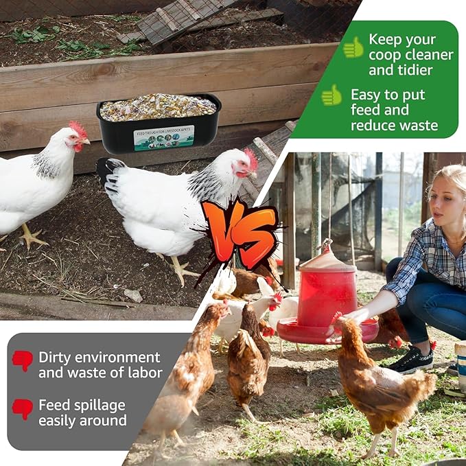 2 Pack Chicken Duck Dog Feeder, Poultry Feeders and Waterers, Hanging Goat Feeder, Livestock Feeding Container, Feed Trough and Waterer Bucket with Clips (Black)