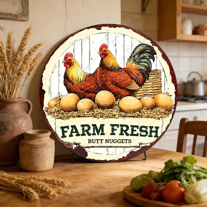 Antique Farm Fresh Eggs Metal Tin Sign Rustic Chicken Coop Decor Vintage Round Wall Art For Farmhouse Kitchen Outdoor Patio Retro Plaque 8 Inch