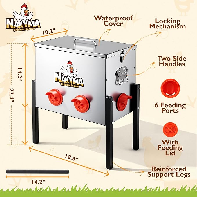 Automatic Chicken Feeder - 50 LBS 6 Ports Large Capacity Metal Poultry Feeder, Auto Food Dispenser Chicken Feeders No Waste for 6-12 Chickens 10 Days with Leg & Weatherproof Lid