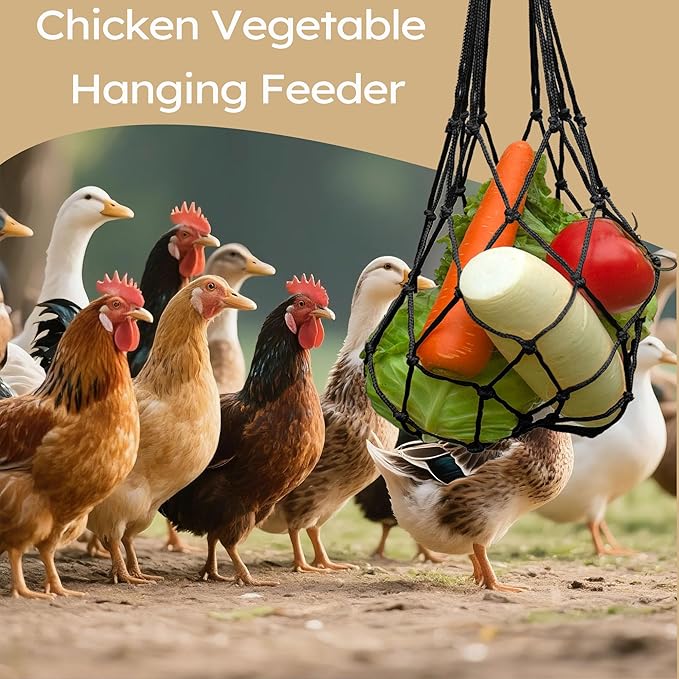 2PCS Chicken Vegetable Hanging Feeder Bags, Reusable String Bag Net Hanging Feeder for Chickens Ducks Coops Toy, Enrichment Toys, Treat Holder, No Waste Poultry Accessory(Black)