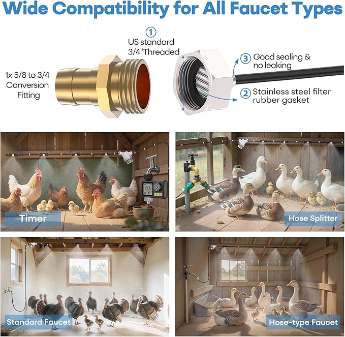 Chicken Coop Mister, 26FT Chicken Cooling System with 12 Brass Misting Nozzles, Filter, Cutter & 3/4" Adapter, Backyard Chicken Misters for Coop, Chicken Coop Accessories for Summer Heat