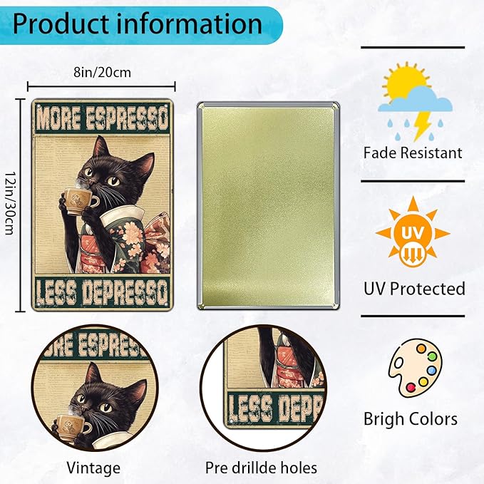 Coffee Cat Metal Signs More Espresso Less Depresso Tin Sign Kimono Cat Home Kitchen Wall Decor Bathroom Bedroom Office 12x8 Inch