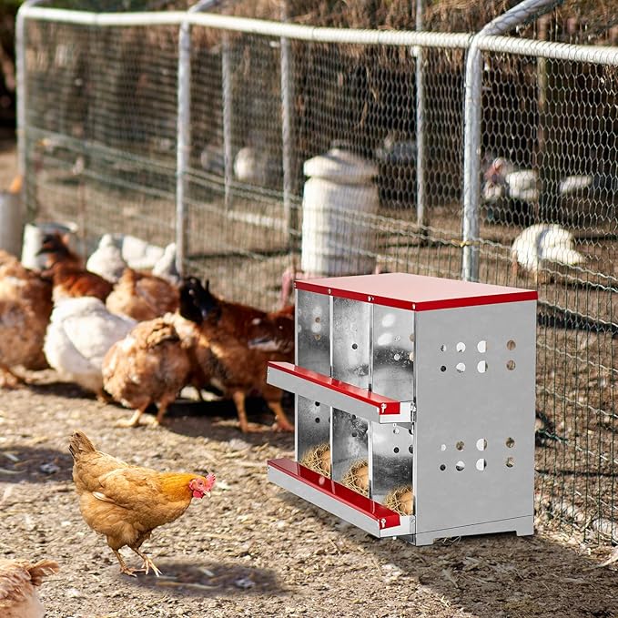 VINGLI Chicken Nesting Box 3-Compartment Roll-Out with Plastic Baskets, Egg Nesting Boxes for Hens, Chicken Coop Laying Box, Red (Red, 6 Compartment)