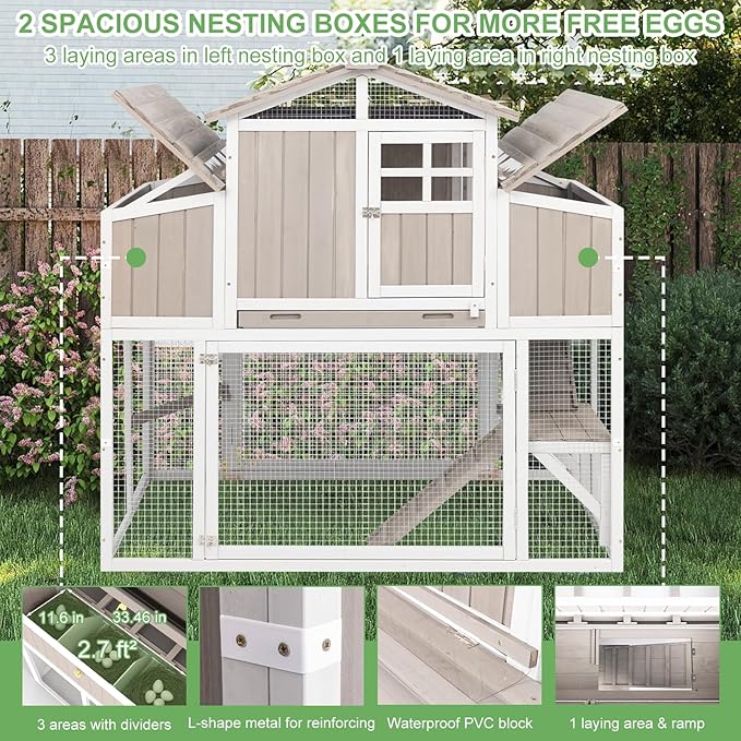 56.03" L 2-Story Chicken Coop with Run,Fir Wood Chicken House Hen House with 2 Large Nesting Boxes,Expandable Poultry Cage for 2-4 Chicken with 4 Perching Bars,Pull-Out Tray,Ramps