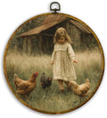 CUANFDDSF Vintage Rustic Farmhouse Round Wall Art, Cottagecore Farm Little Girl Chicken Framed Hanging Wall Decor, Country Canvas Prints Decorations for Home Bedroom Living Room, 10x10 Inch